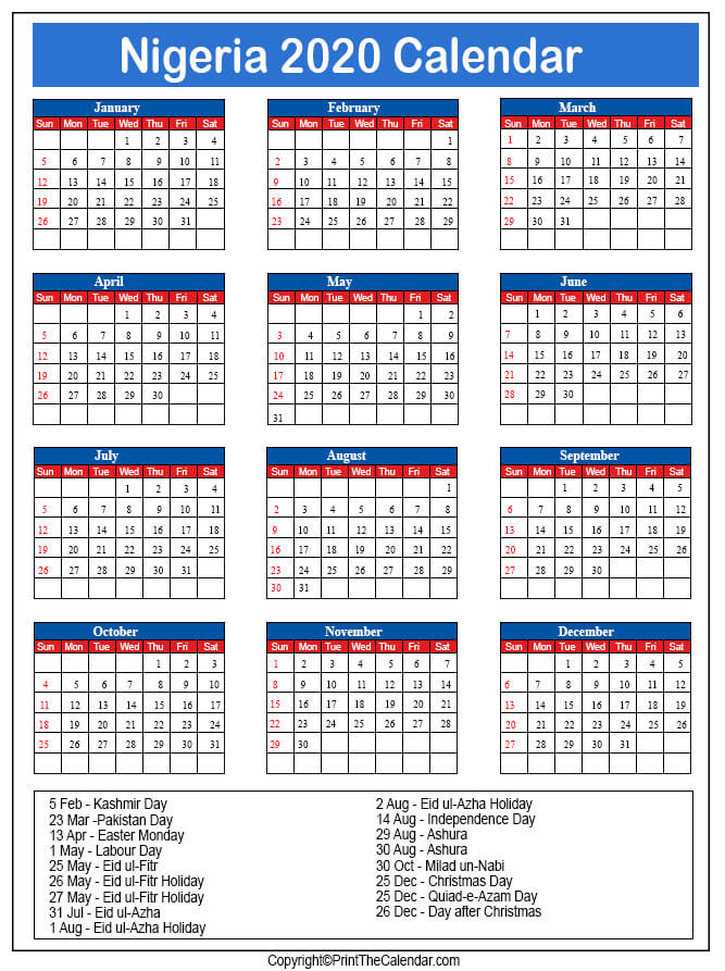 Nigeria Printable Calendar 2020
